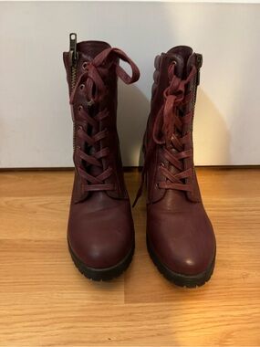 JustFab Maroon Lace-Up Combat Boots with Side Zipper